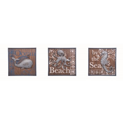Transpac Coastal Nautical Wood/Metal Ocean Wall Art Set of 3, Whale, Octopus, Seashore 16.25 x 16.25 inch.