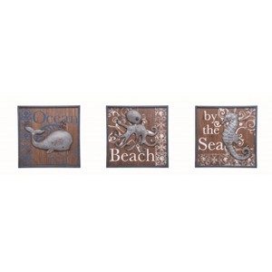 Transpac Coastal Nautical Wood/Metal Ocean Wall Art Set of 3, Whale, Octopus, Seashore 16.25 x 16.25 inch. - 1 of 1