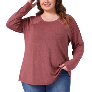 Women's Plus Size Crew Neck Pleated Long Sleeve Casual Tunic Tops - Agnes Orinda - 1 of 4