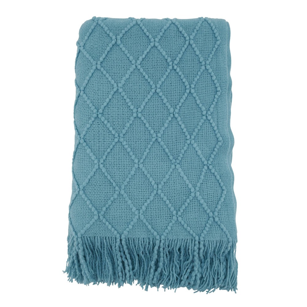 50"x60" Solid with Knitted Design Throw Blanket Blue - Saro Lifestyle: Fringed Edges, Modern Style, Cozy for Couch & Bed