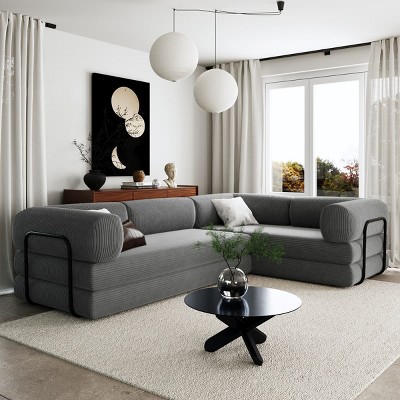L-Shaped Modular Corduroy Sofa Bed with Iron Frame, Sectional Couch for Apartment or Living Room-Maison Boucle