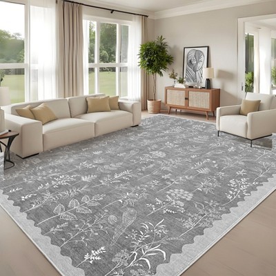 Washable Modern Floral Rug Non Slip Low Pile Rug Soft Botanical Throw Floor Cover Foldable Indoor Carpet for Living Room Bedroom Playroom Nursery