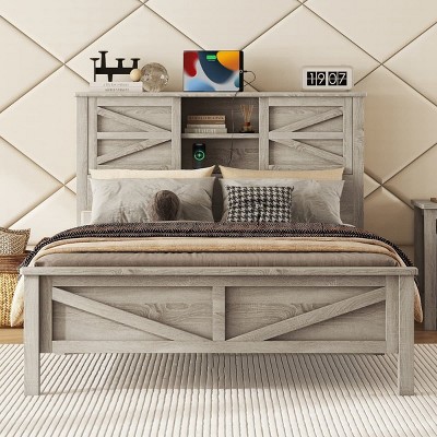 Full Size Farmhouse Platform Bed with Headboard Storage, Rustic Frame with Sliding Barn Doors and USB Charging Station