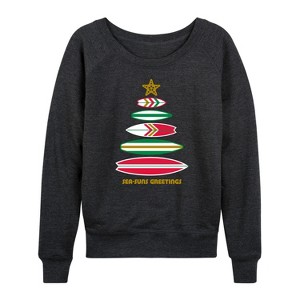 Women's - Instant Message - Sea Suns Geetings Surfboard Tree Christmas Lightweight French Terry Slouchy - 1 of 4