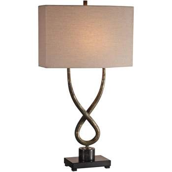 Uttermost Modern Industrial Table Lamp 31" Tall Distressed Aged Silver Leaf Beige Linen Fabric Shade for Living Room Bedroom House