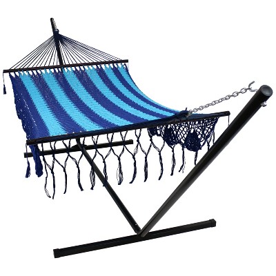 Sunnydaze Deluxe American-Style 2-Person Hammock with Spreader Bars and Stand - 400 lb Weight Capacity/15' Stand - Blue