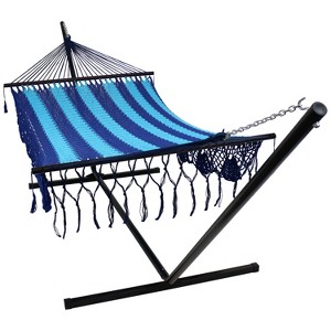 Sunnydaze Deluxe American-Style 2-Person Hammock with Spreader Bars and Stand - 400 lb Weight Capacity/15' Stand - Blue - 1 of 4