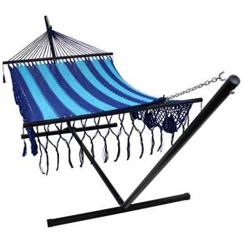 Sunnydaze Deluxe American Style Hand-Woven Cotton and Nylon Mayan Hammock with Stand - 400 lb Weight Capacity/15' Stand