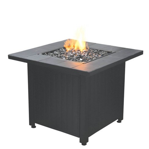 Patio Fire Pit Square Table, Fire Pit Glass Rocks Black