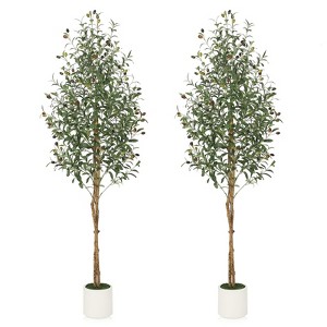 Artificial Olive Trees  - Realistic Faux Plants with Wood Trunks in White Planters for Living Room & Home Deco - 1 of 4