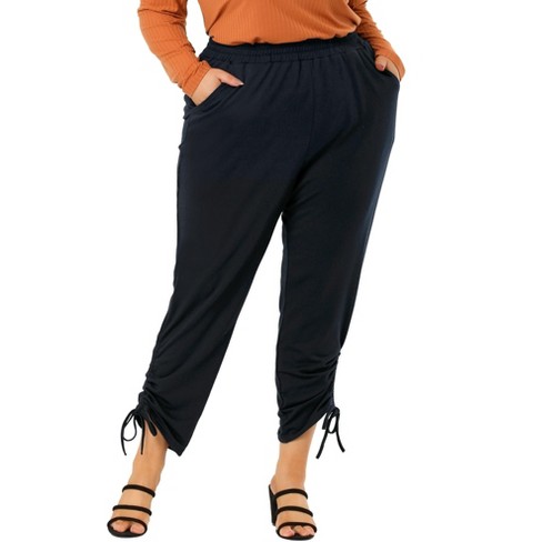 Women'S Elastic Waist Button Closure Capri Pants With Drawstring Hem