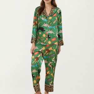Anna-Kaci Lounge Women's Satin Zodiac Print Pajama Set with Button-Up Top and Relaxed Fit Pants- Green,Small - 1 of 4