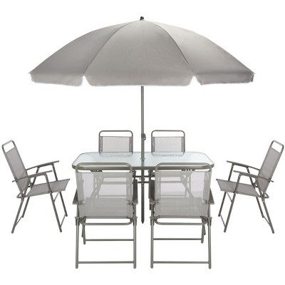 Laurenti 6-Person Grey Glass-Top Outdoor Dining Set with Umbrella