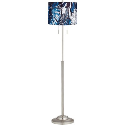 360 Lighting Modern Floor Lamp Thin Brushed Nickel Blue Leaves Drum Shade for Living Room Reading Bedroom Office