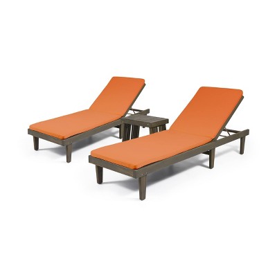 Nadine 3pc Outdoor Acacia Wood Chaise Lounge Set with Cushions - Gray/Orange - Christopher Knight Home