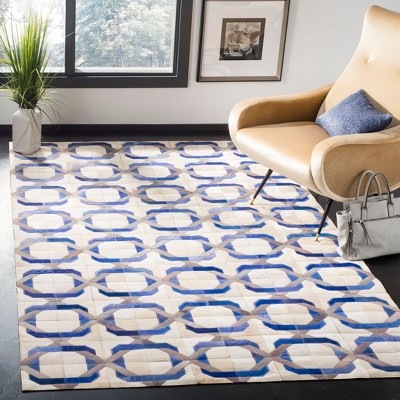 Ivory and Blue Geometric Cowhide Leather Area Rug 5' x 8'