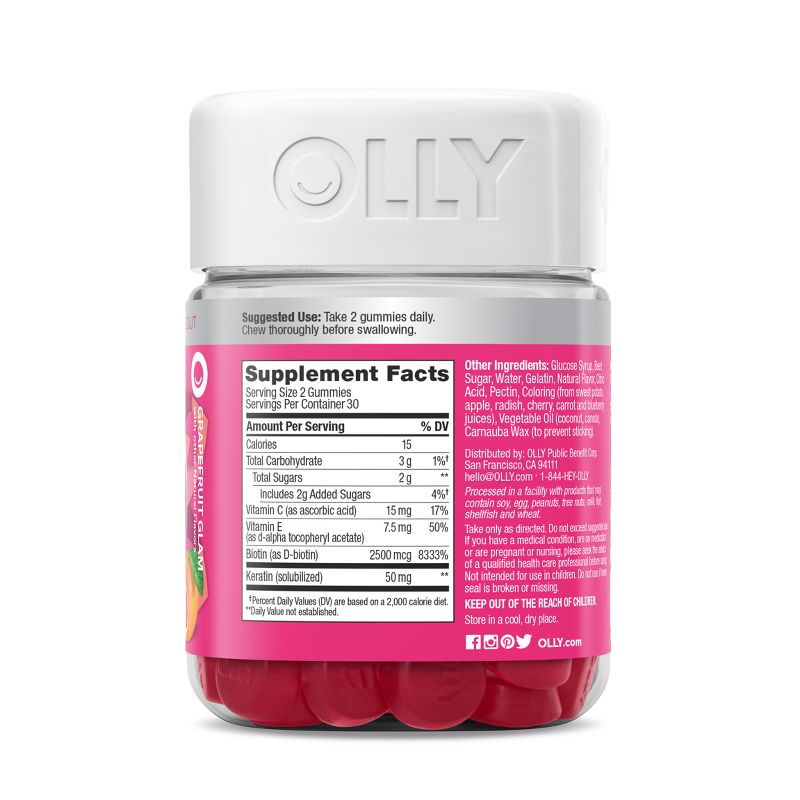 OLLY Undeniable Beauty Multivitamin Gummies for Hair Skin &#38; Nails with Biotin, Keratin, Vitamins C &#38; E - Grapefruit Glam - 60ct, 4 of 12