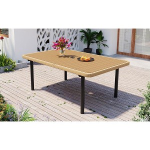 APRILSOUL 59" Outdoor Patio Dining Table, Polywood Tabletop,Umbrella Hole, Iron Legs, Rectangular Table for Garden, Backyard, Porch - 1 of 4