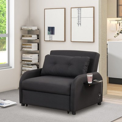 3 In 1 Convertible Chair Bed, Pull Out Foldable Sleeper Chair Bed With Removable Backrest, Wing Table, USB Charge, Multi-function Sofa Bed
