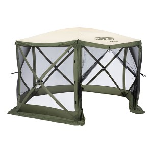 CLAM Quick-Set Escape 11.5 x 11.5 Foot Portable Pop-Up Outdoor Camping Gazebo Screen Tent 6-Sided Canopy Shelter with Stakes & Carry Bag, Green/Tan - 1 of 4