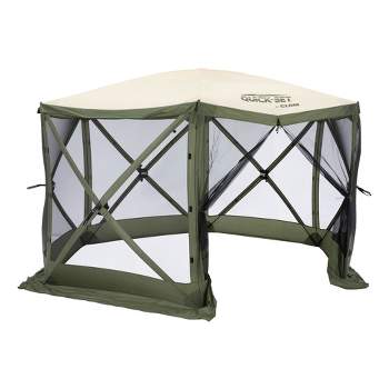 CLAM Quick-Set Escape 11.5 x 11.5 Foot Portable Pop-Up Outdoor Camping Gazebo Screen Tent 6-Sided Canopy Shelter with Stakes & Carry Bag, Green/Tan