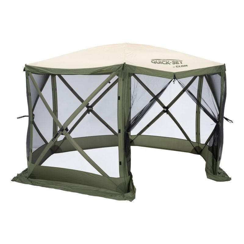 CLAM Quick-Set Escape 11.5 x 11.5 Foot Portable Pop-Up Outdoor Camping Gazebo Screen Tent 6-Sided Canopy Shelter with Stakes & Carry Bag, Green/Tan, 1 of 7