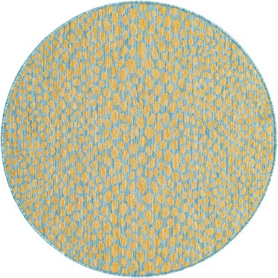 Round Blue and Yellow Stain-Resistant Outdoor Rug