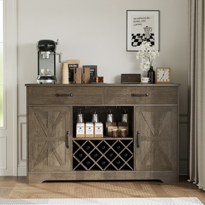 Buenhomino Farmhouse Coffee Bar Cabinet with Barn Doors, 55" Wine Bar Cabinet with Wine Racks and Glass Holder,Large Buffet Sideboard w/ 2 Drawers - 1 of 4