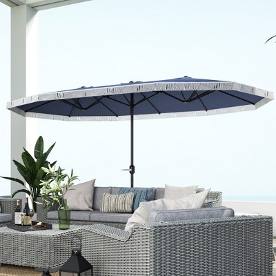 Extra Large Dark Blue Polyester Patio Umbrella with Fringe