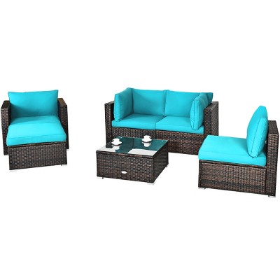 Tangkula 6PCS Rattan Patio Furniture Set Cushioned Sofa Chair Ottoman Turquoise/Red/Navy/Black/White