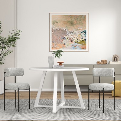 White Round Rubberwood Dining Table with 2 Boucle Chairs
