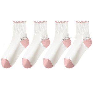 Anna-Kaci 4 Pairs Mid-Crew Ruffle Trim Socks with Contrast Toe Heel and Cat Embroidery Design - 1 of 4