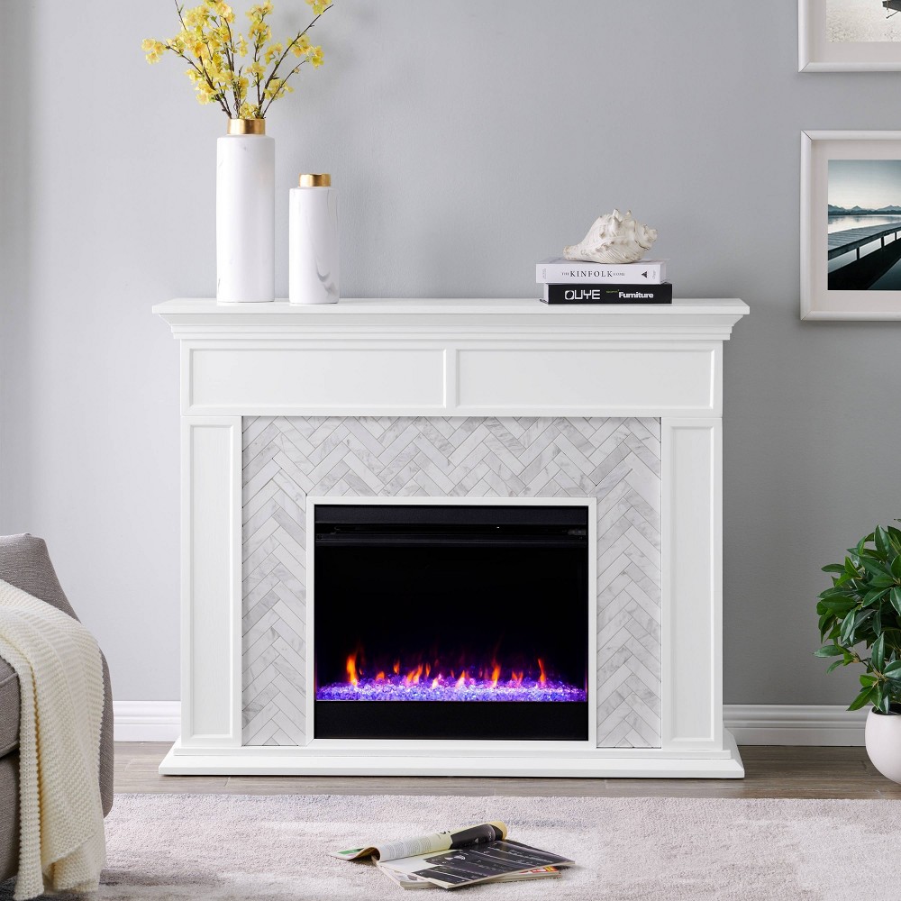 Photos - Electric Fireplace Tenmoor Marble Tiled Color Changing Fireplace White - Aiden Lane