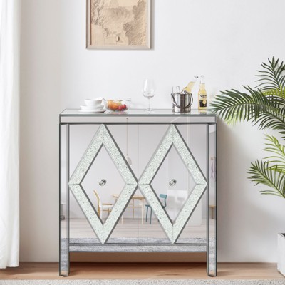 Buck 31.5" W 2 Mirror Trim and Diamond Shape Design Multi-functional Retro Entryway Storage Cabinet with 1 Adjustable Inner Shelf-Maison Boucle