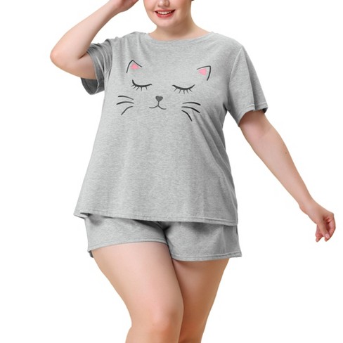 Agnes Orinda Women's Plus Size Comfort Cute Cat Print Short Sleeve Pajama  Set Black 1X