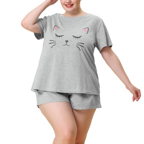 Agnes Orinda Women's Plus Size Comfort Cute Cat Print Short Sleeve Pajama  Set Gray 2X