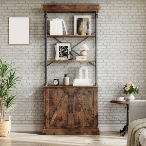 74" Industrial Farmhouse Bookcase with Doors Tall Wood & Metal Bookshelf with Storage Cabinet, Vintage Open Shelf Design - 1 of 4