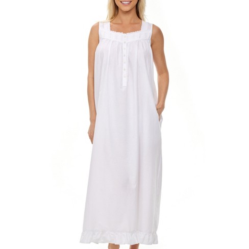 ADR Women's Cotton Victorian Nightgown with Pockets, Clara Sleeveless Lace  Trimmed Button Up Long Night Dress White Small
