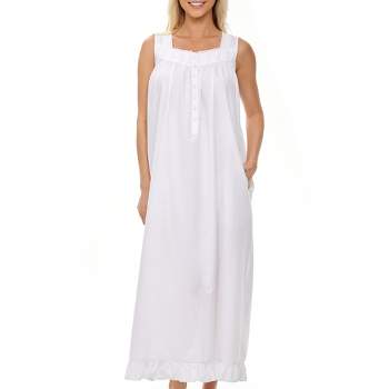 Women's Cotton Victorian Nightgown with Pockets, Clara Sleeveless Lace Trimmed Button Up Long Vintage Night Dress Gown