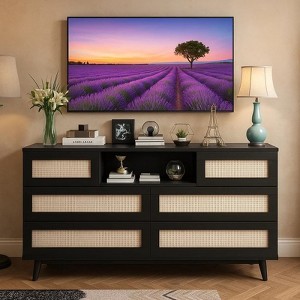 Rattan Wooden Dresser for Bedroom with 6 Drawers, 47" Wide Modern Dresser with Charging Station, Lights, Open Shelves, Living Room, Hallway, Entryway - 1 of 4