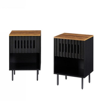 GlasFlength Nightstands Set of Two Modern Mid Century Bedside Tables with Grille Doors and Metal Legs for Bedroom, Brown, 18.9"*15.8"*21.5"
