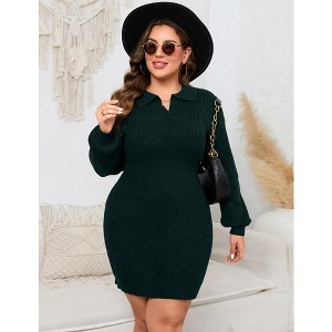 Women Plus Size V-neck Long Sleeve Knit Stretchable Elasticity Slim Sweater Bodycon Midi Pullover Sweater Dress - 1 of 4