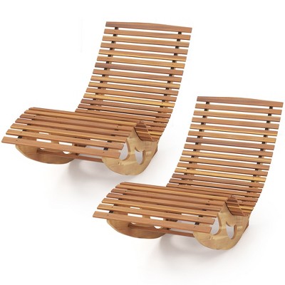 Tangkula 2PCS Outdoor Chaise Lounge Acacia Wood Rocking Sun Lounger with Slatted Backrest and Seat Wooden Rocker Lounge Chair
