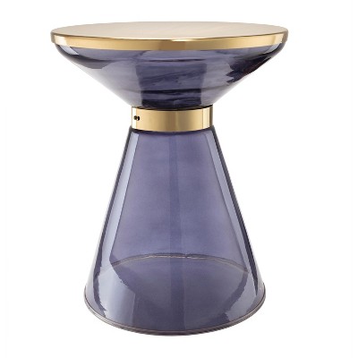 Coral 15" Gold Finish Metal and Blue Glass Round Side Table