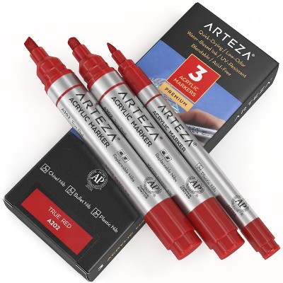 Arteza Acrylic Markers (A202 True Red), 2 Big Barrel (chisel+bullet nib) + 1 Small Barrel , Single Color - 3 Pack (ARTZ-