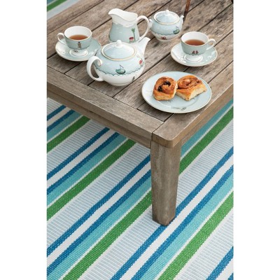 Cobalt and Green Handwoven Cotton Stripe Rug, 8' x 10'