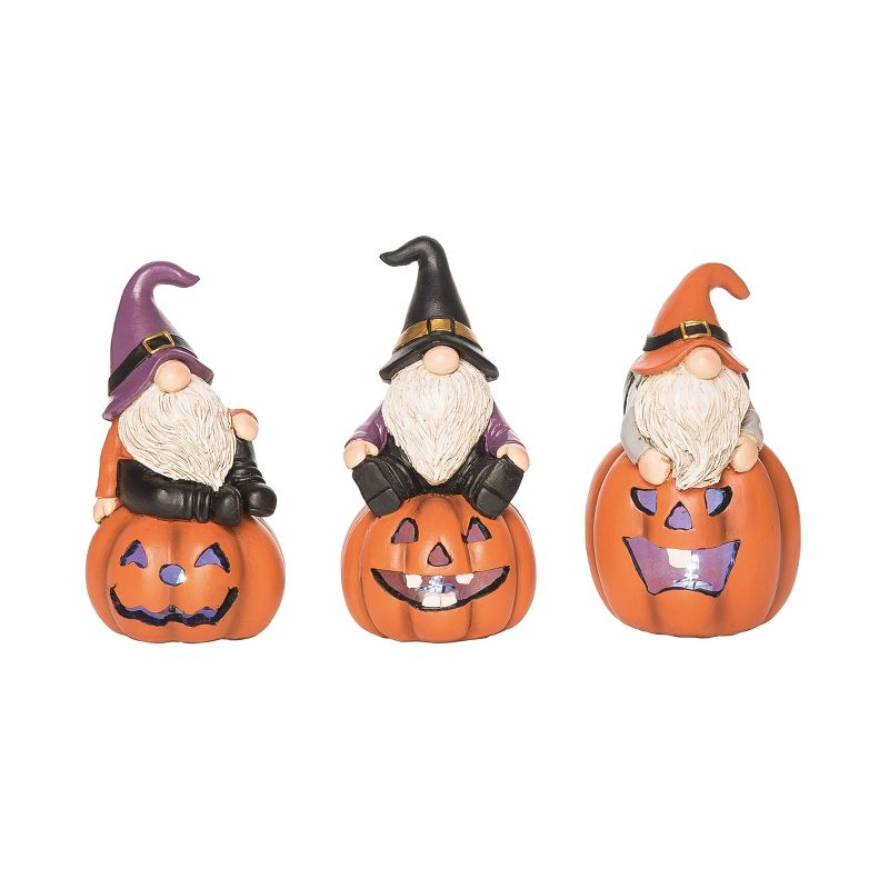 Transpac Resin 6 in. Multicolored Halloween Light Up Gnome and Pumpkin Figurine Set of 3, 1 of 2