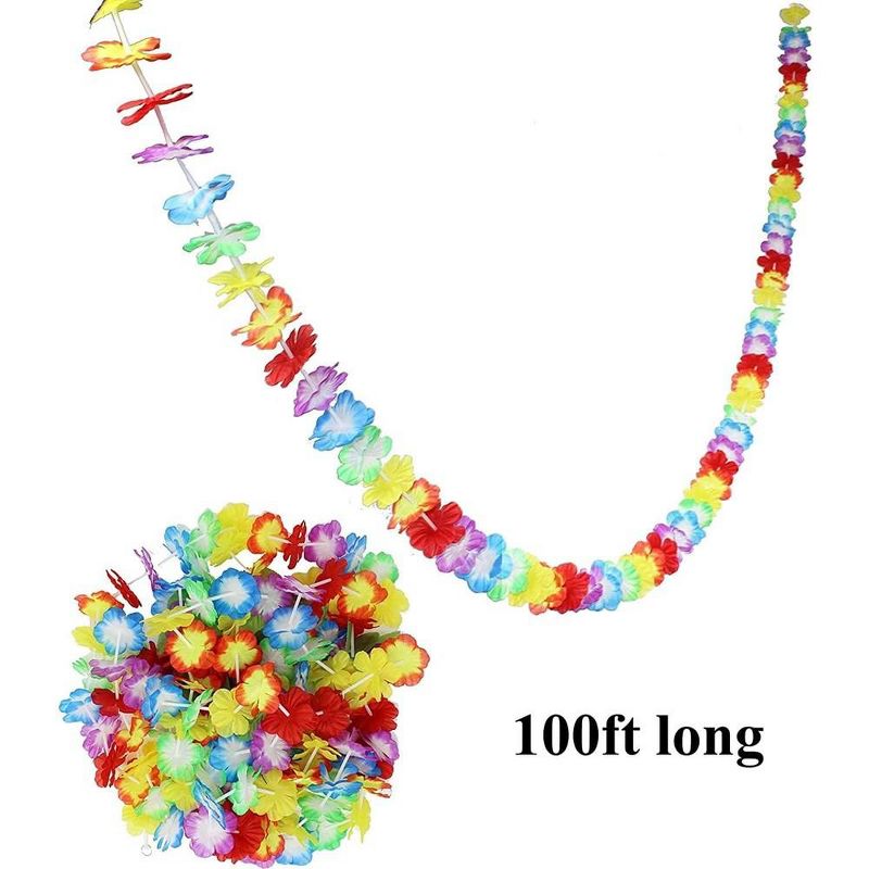 Syncfun Luau Tropical Hawaiian Party Decoration Set Including 100 ft Flower Lei Garland, 36 Hibiscus Flowers and 9 ft Luau Table Skirt, 4 of 5