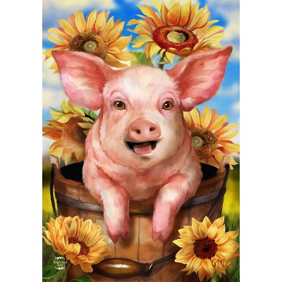 Happy Piglet Fall Garden Flag with Sunflowers