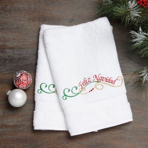 Linum Home Textiles Embroidered Hand Towels with Feliz Navidad Swirls (Set of 2) - 1 of 3